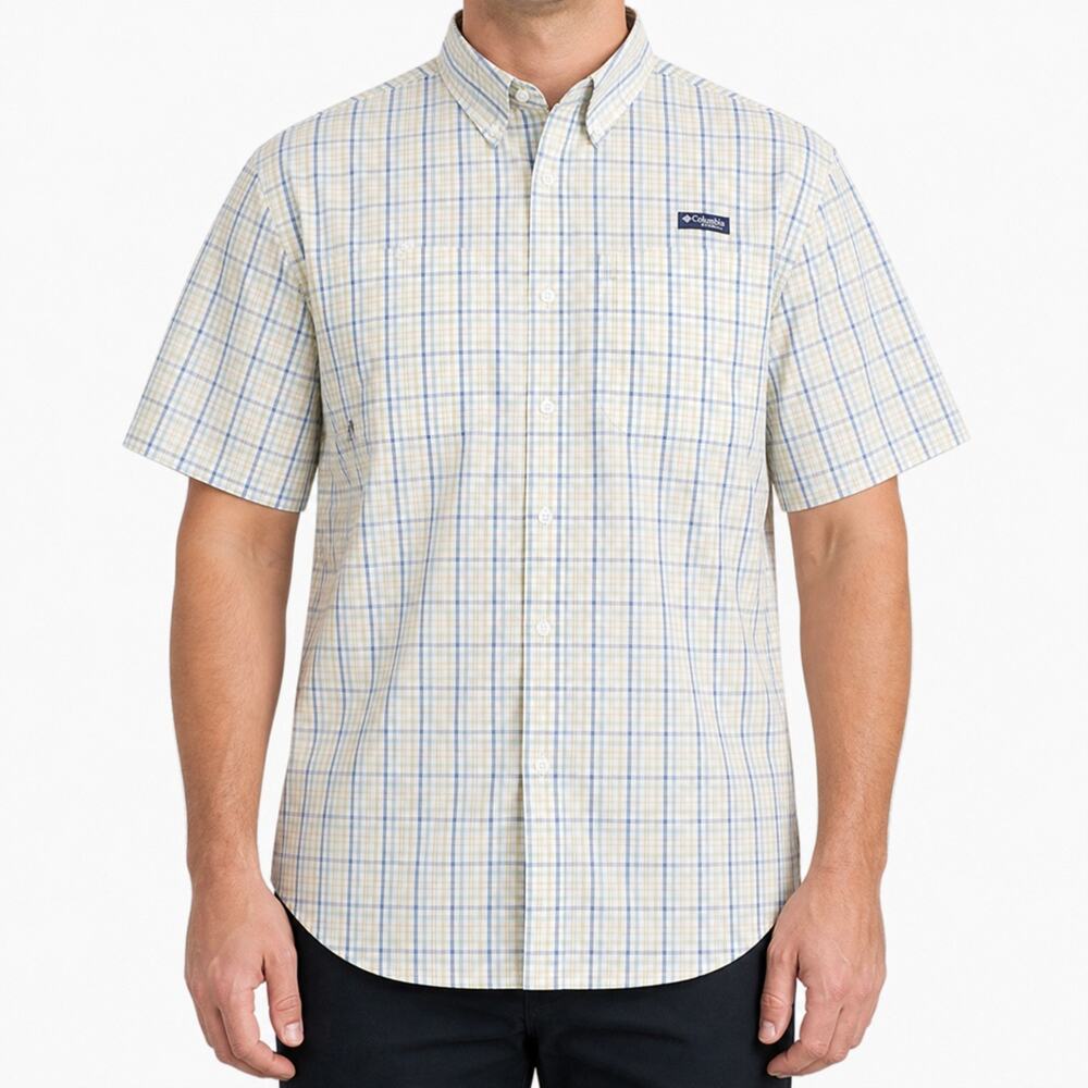 Columbia PFG Omni-Shade Shirt Mens Large Yellow Blue Plaid Short Sleeve Fishing